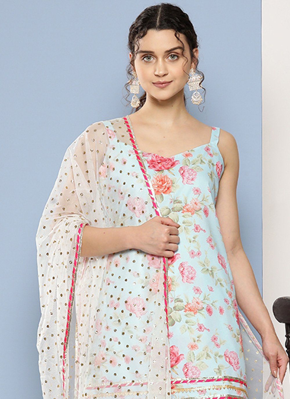 Buy Stylo Bug Stripes Embroidery V Neck 3/4 Sleeves Kurti with Pyjama Blue  (Set of 2) online